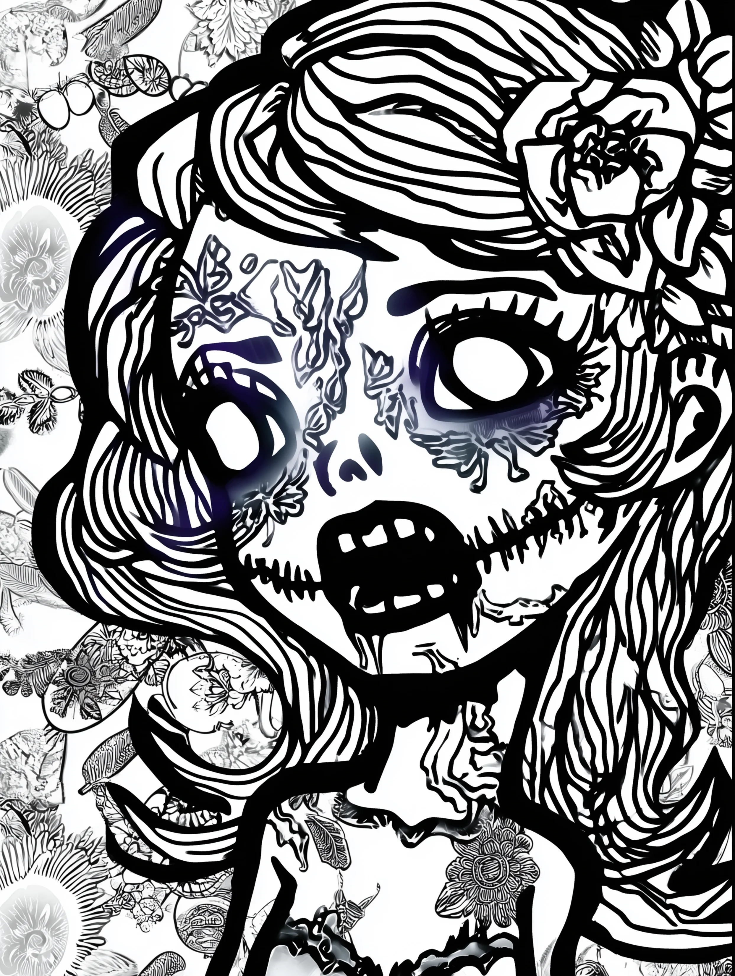 Free printable zombie coloring page for adults featuring a zombie girl with face marks